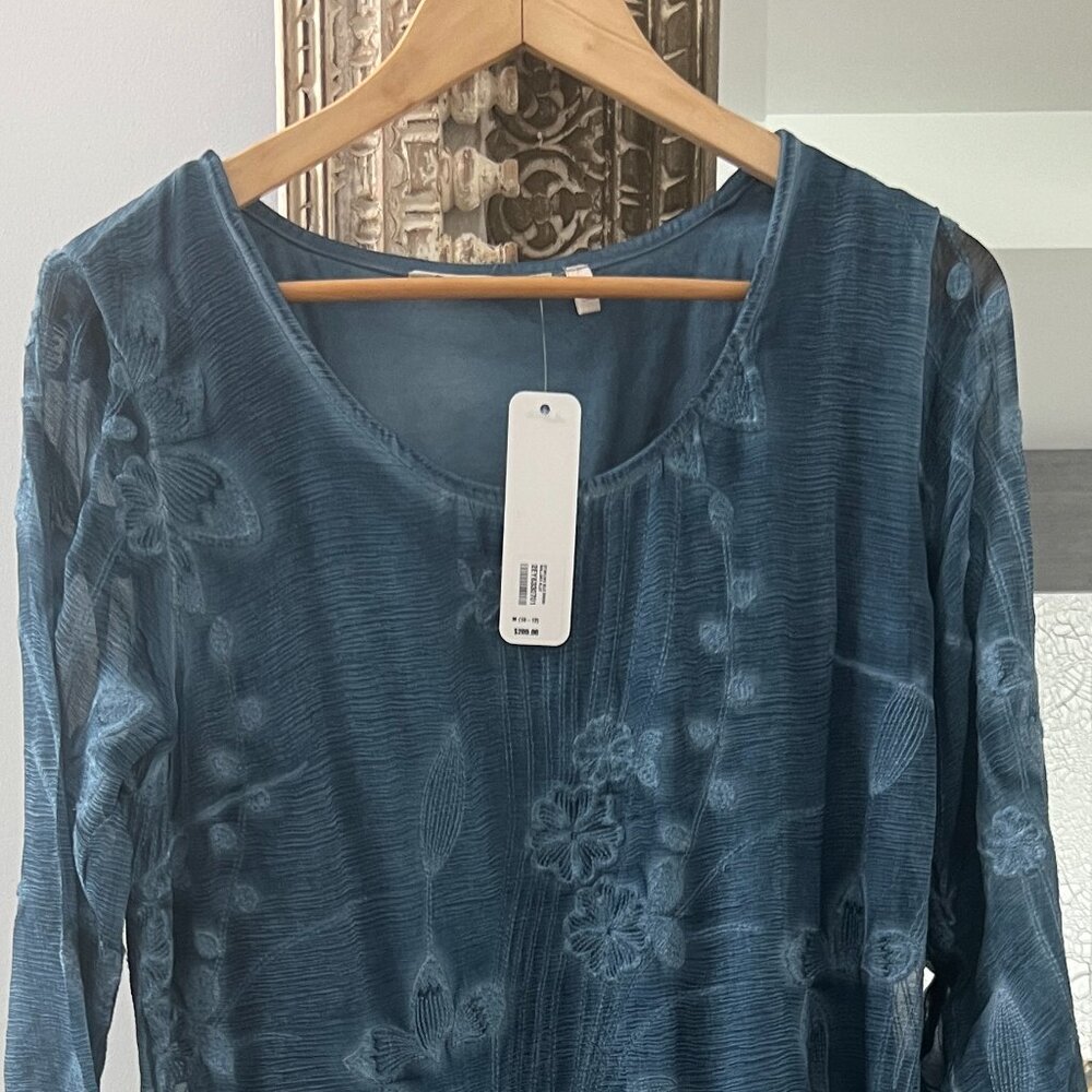 Soft Surroundings Starling 100% Silk Dress Mallard Blue Floral Embroidered Dress